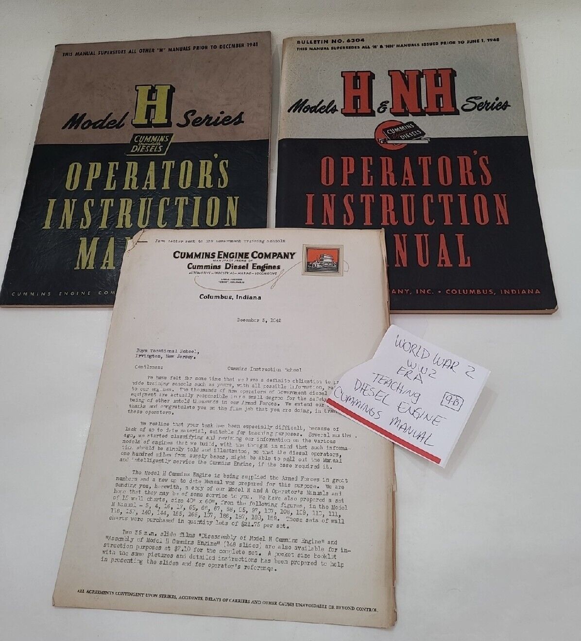 WW2 Letter School Cummins Diesel Engine 1941 Model H & HN Operators Manual Book 