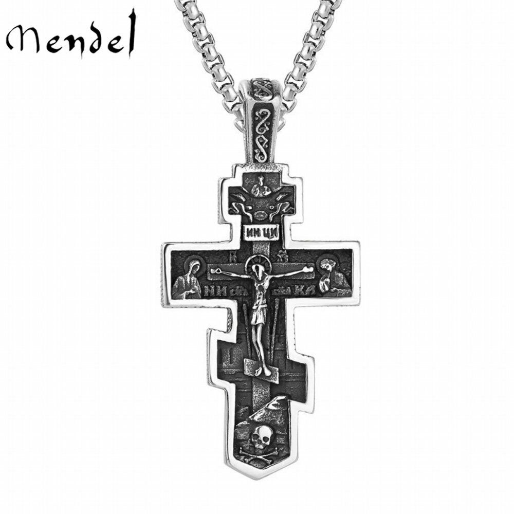 MENDEL Mens Russian Orthodox Crucifix Cross Pendant Necklace Stainless Steel Men
