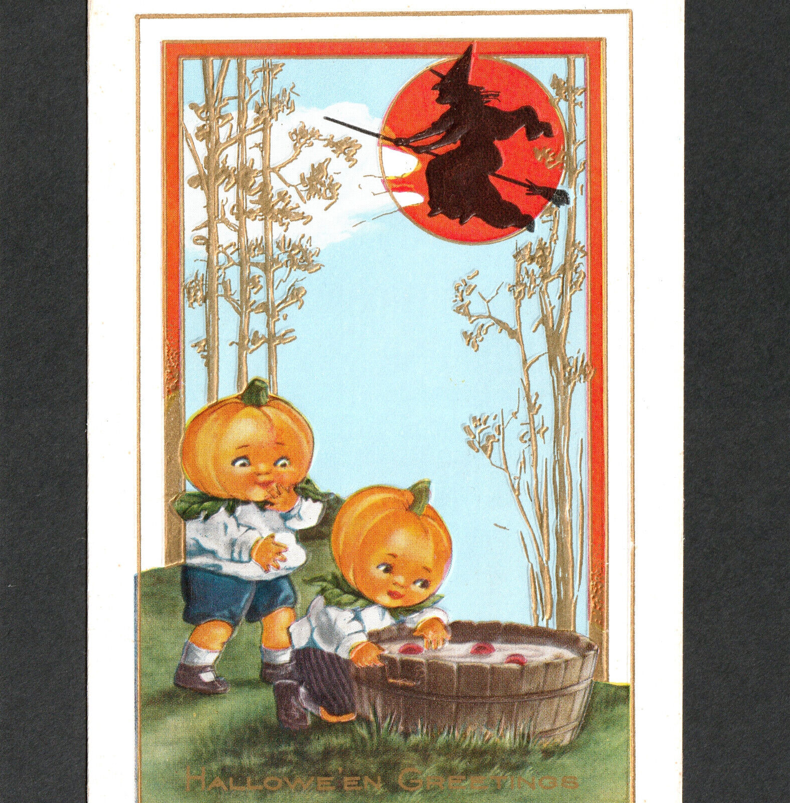 RARE Witch Halloween Greetings UNLISTED Whitney WH34 JOL Kids Apple Bob PostCard