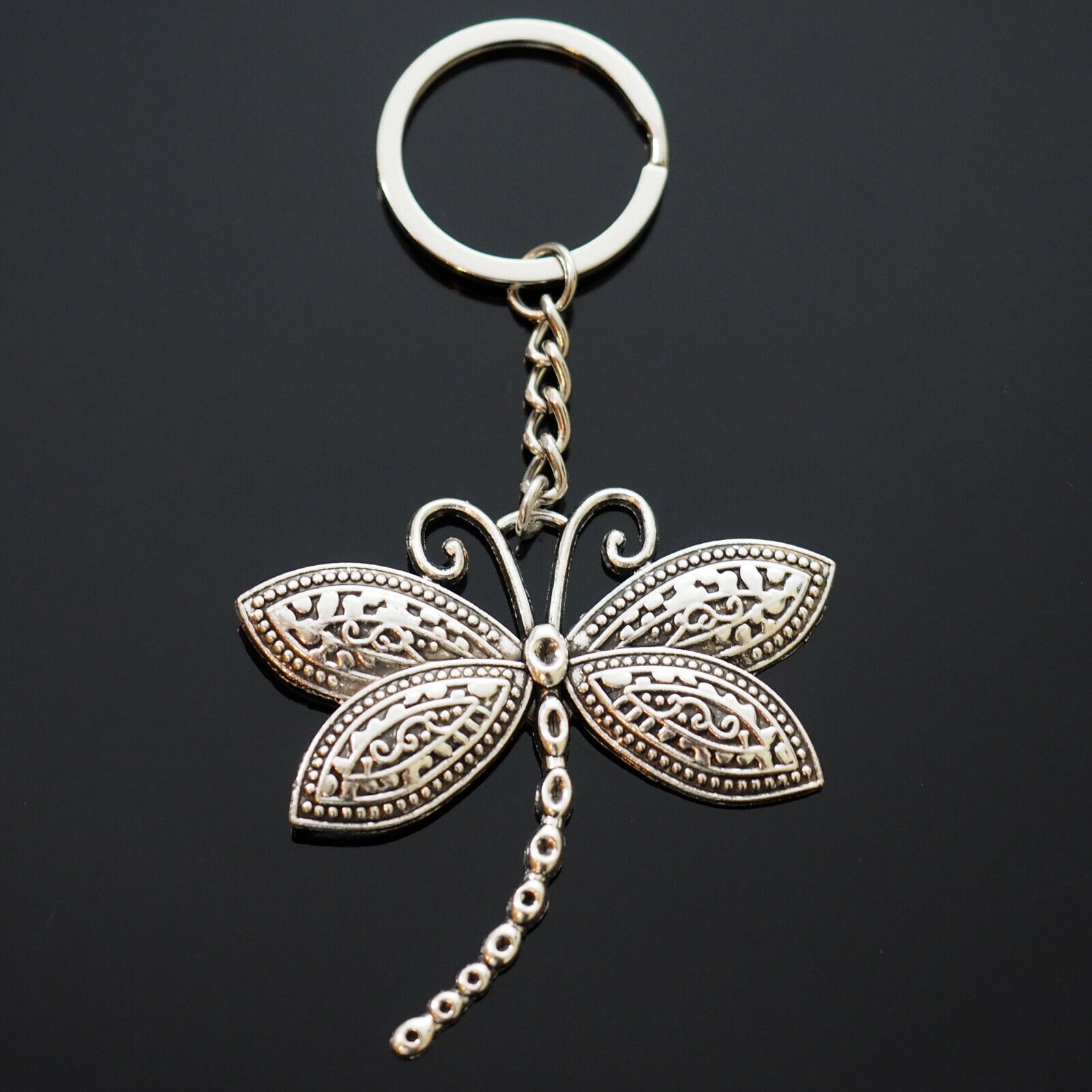 Dragonfly Key Chain Silver Pendant Charm Keychain Insect Lovers Gift 60x58mm