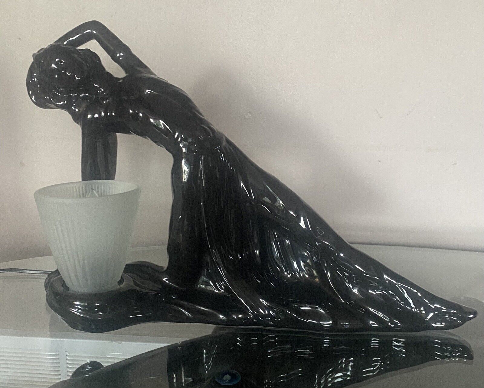 Vtg 1980’s Art Deco Revival Glossy Black Ceramic Figural Lady Lamp Large 20”