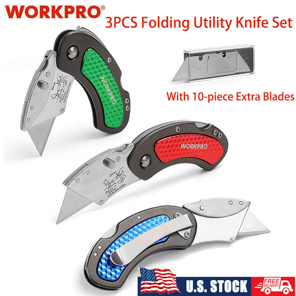 WORKPRO 3PCS Folding Utility Knife Set Quick Change Blade W/10PCS Extra Blades
