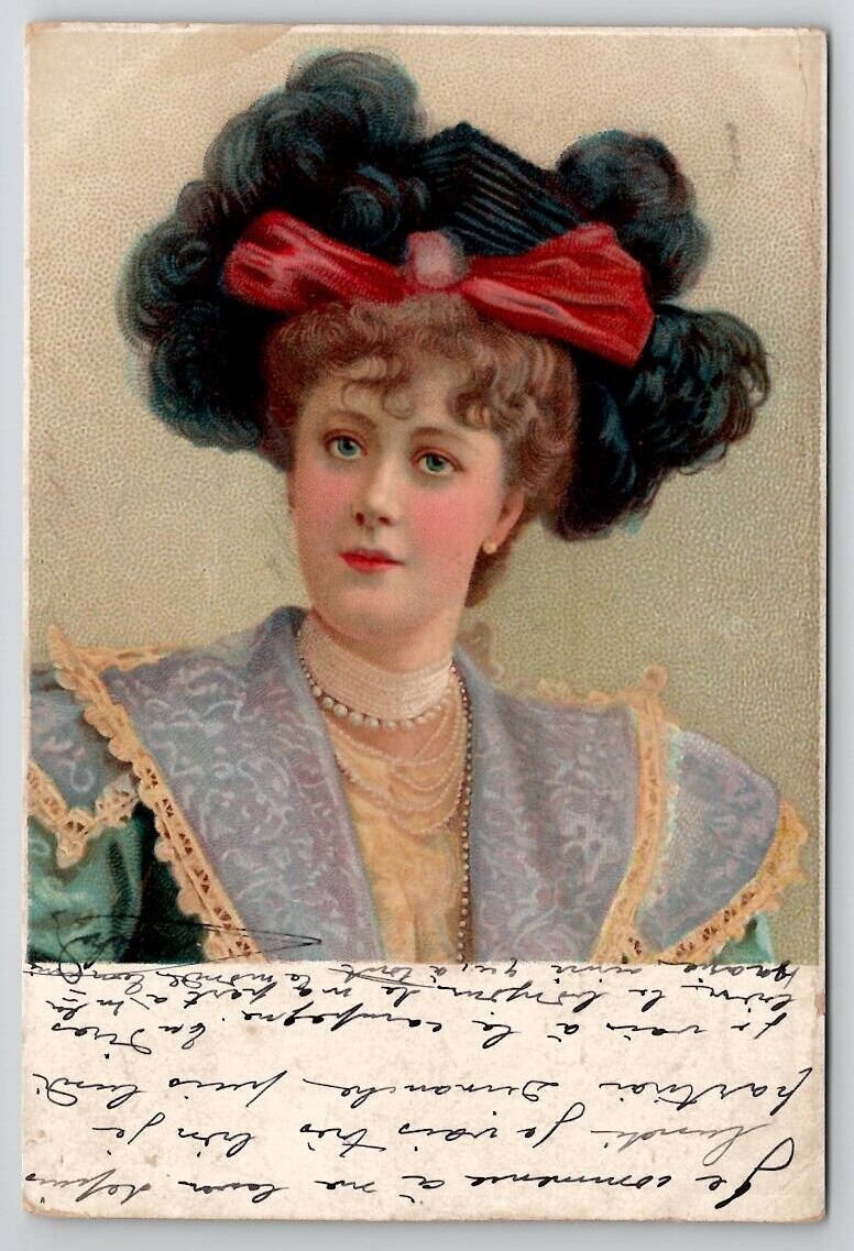 Beautiful Victorian Woman with Large Hat Red Bow 1903 Postcard B38