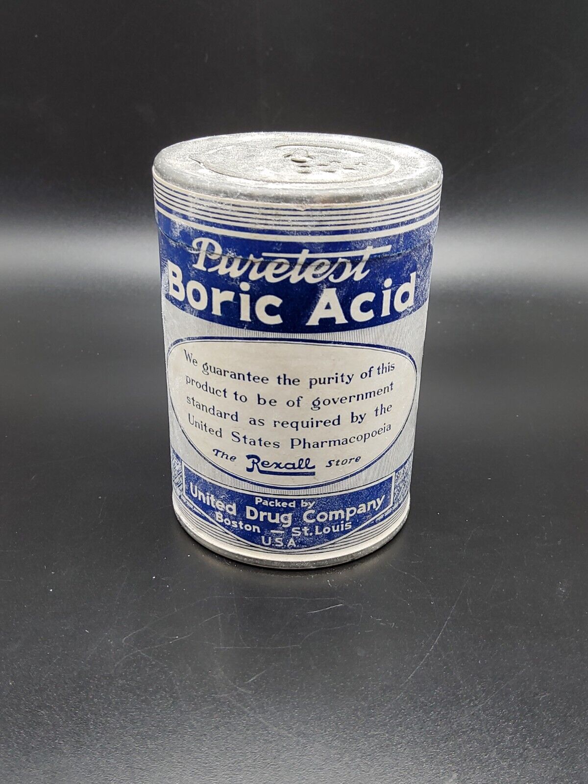 Vintage Medicine Tin: PURETEST Boric A cid Powder, United Drug Co ~ USED