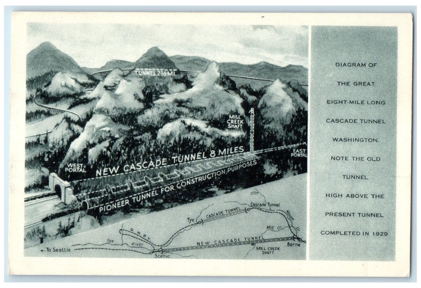 c1940\'s Diagram Of The Great 8 Mile Cascade Tunnel Scene Washington WA Postcard