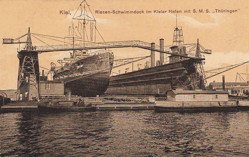 Postcard Ship SMS Thuringen Kiel Riesen Schwimmdock im Kieler Hafen