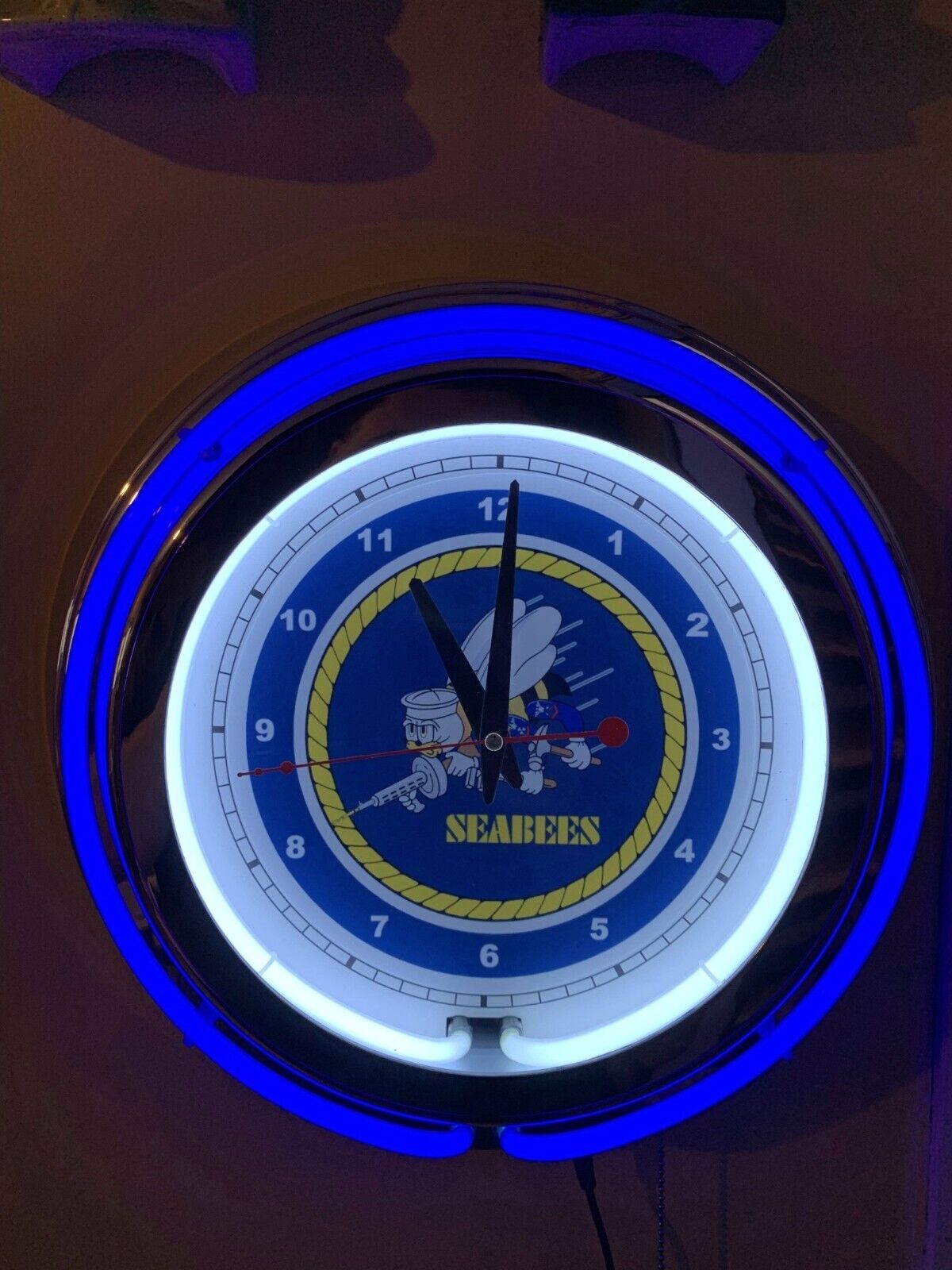 Navy SeaBees Military BLUE Man Cave Neon Wall Clock Advertising Sign