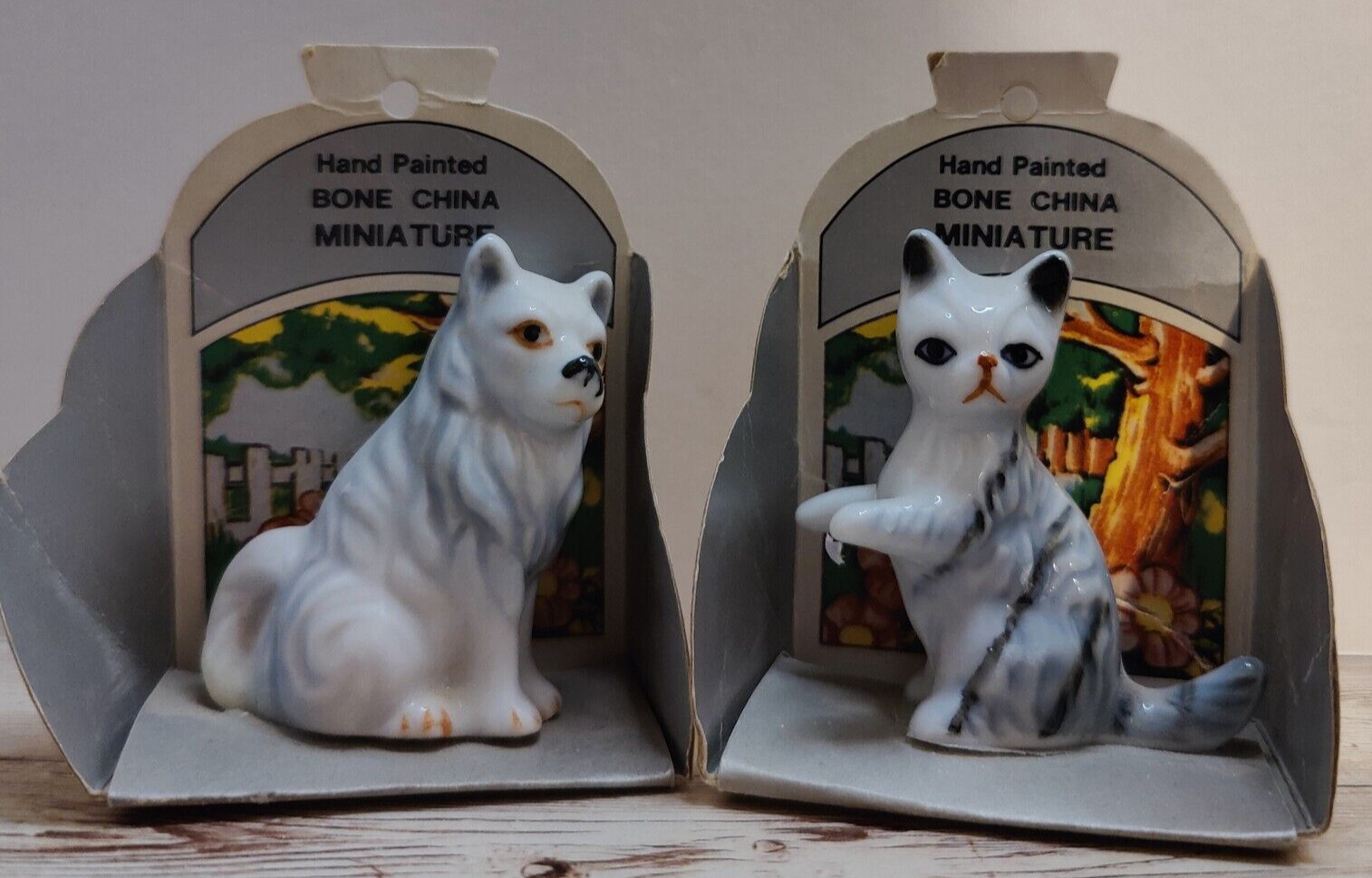 2 ~ Vintage Mid Century Miniature Cat/ Dog Figurines ~ Bone China~ On Store Card