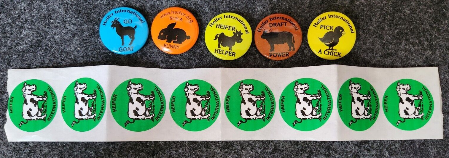 Lot of (5) Pins & (8) Stickers Heifer Project International Heifer