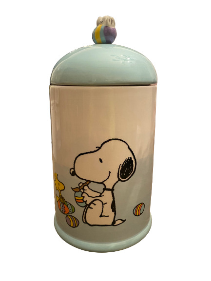 Peanuts Snoopy Woodstock Cookie Jar Dog Cat Treat Canister Aqua Blue Easter NEW