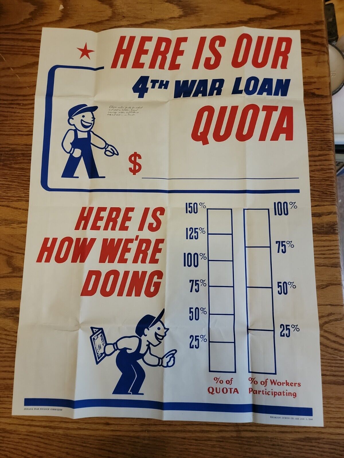 1944 WWII INDIANA WAR FINANCE 4TH LOAN QUOTA POSTER AD RARE VTG WORKERS LABOR
