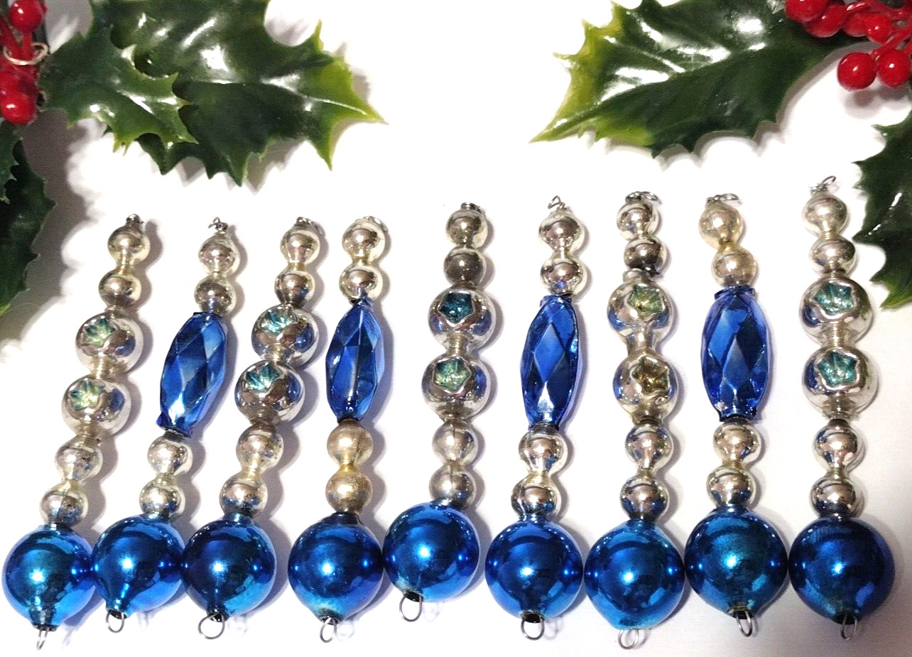VTG Christmas Ornaments 9 Mercury Glass Bead Icicles BLUE Silver Faceted #E7