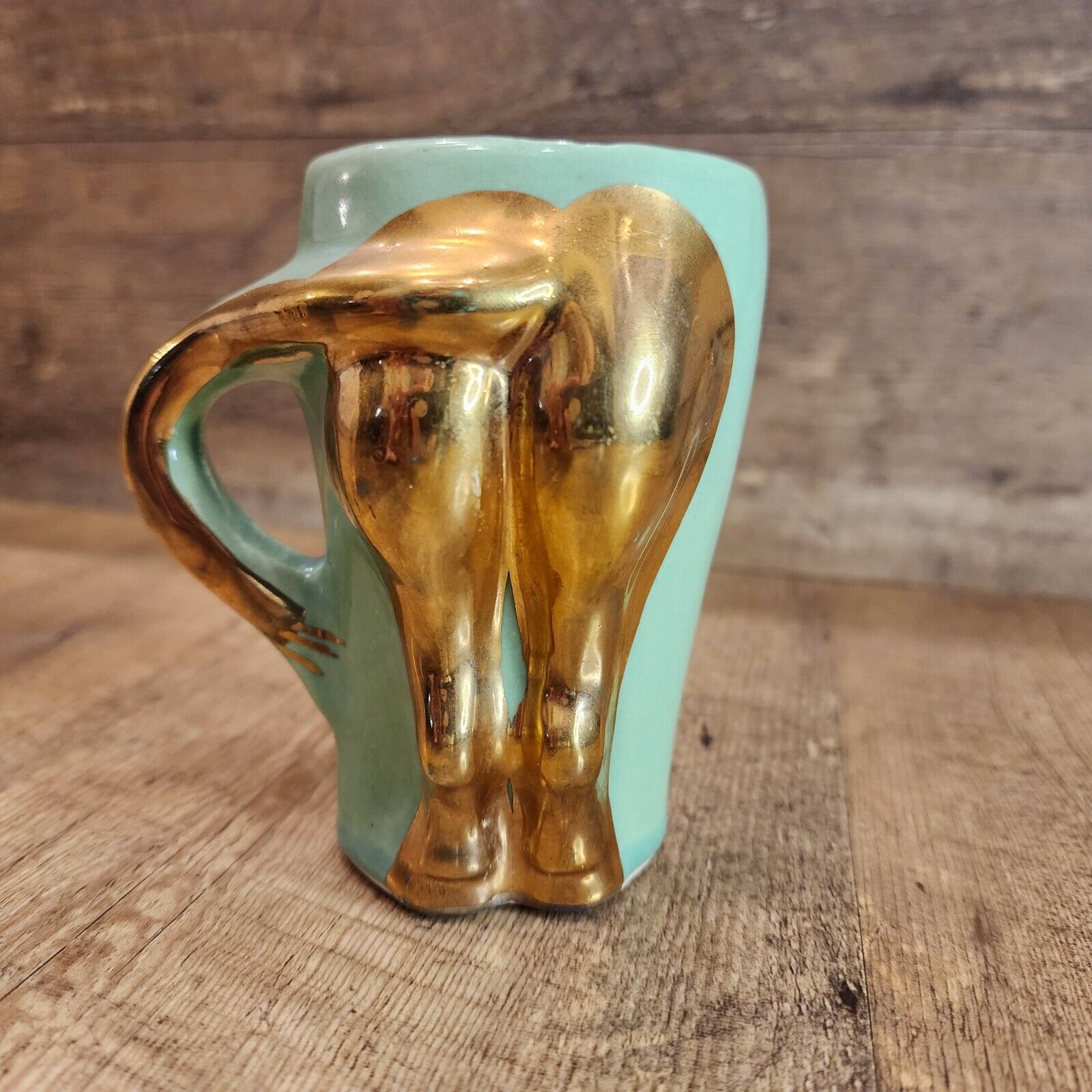 Vtg Kitsch Thinking Of You Jackass Mug Gag Gift Ceramic Cup Mint Green Gold Ugly