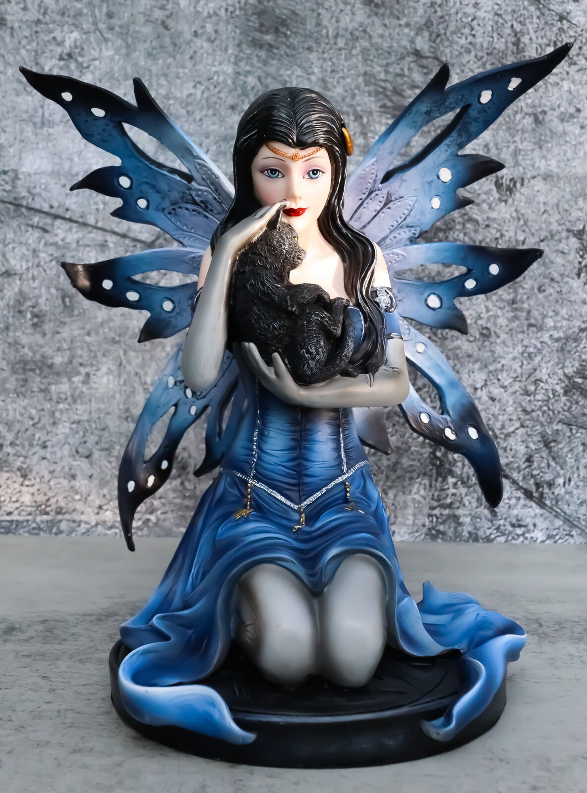 Ebros Blue Celestial Witch Fairy Cradling A Mystical Black Cat Statue 8.25\