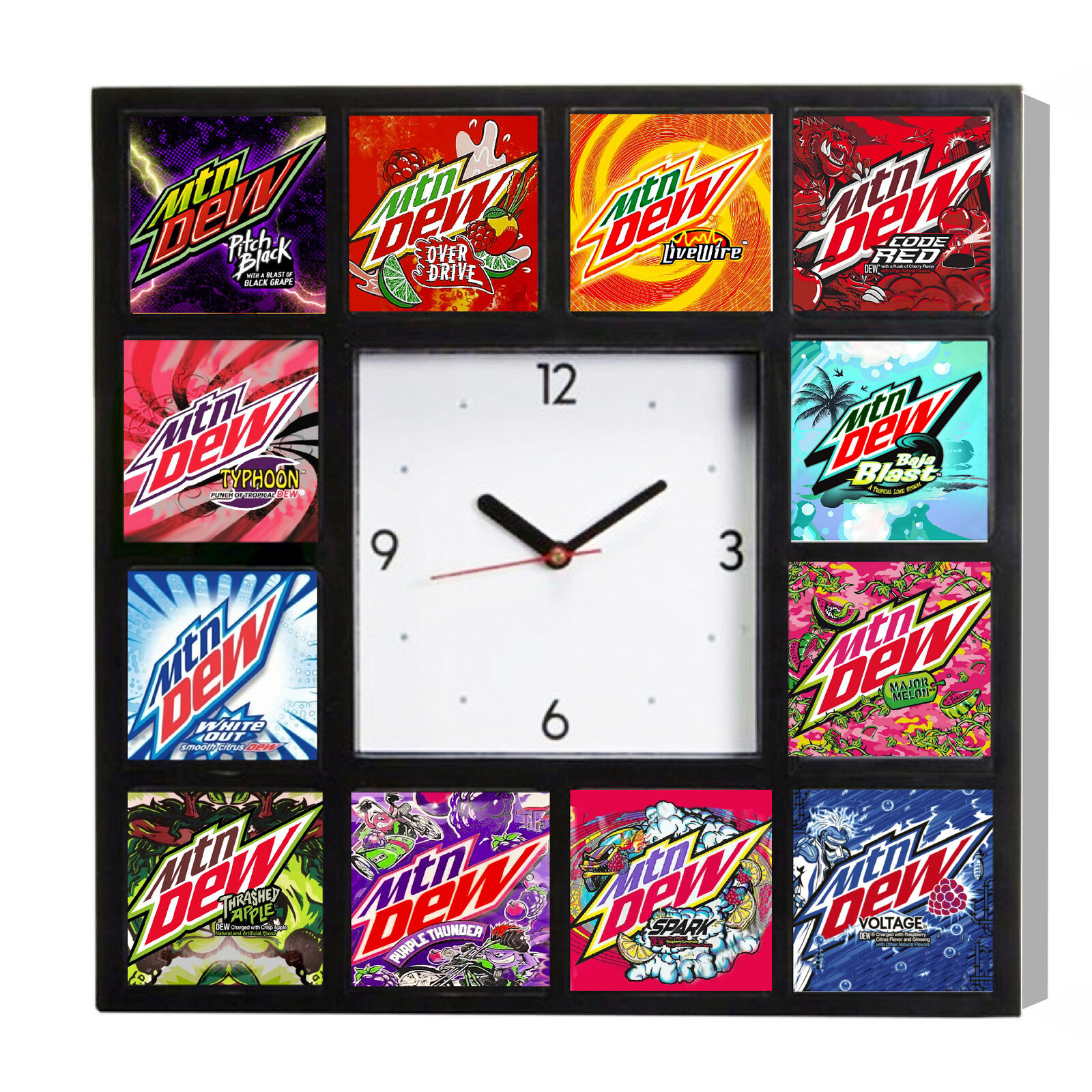 Mt Mtn Dew Variety Pack Clock with 12 logos Voltage, Typhoon Live Wire Spark +