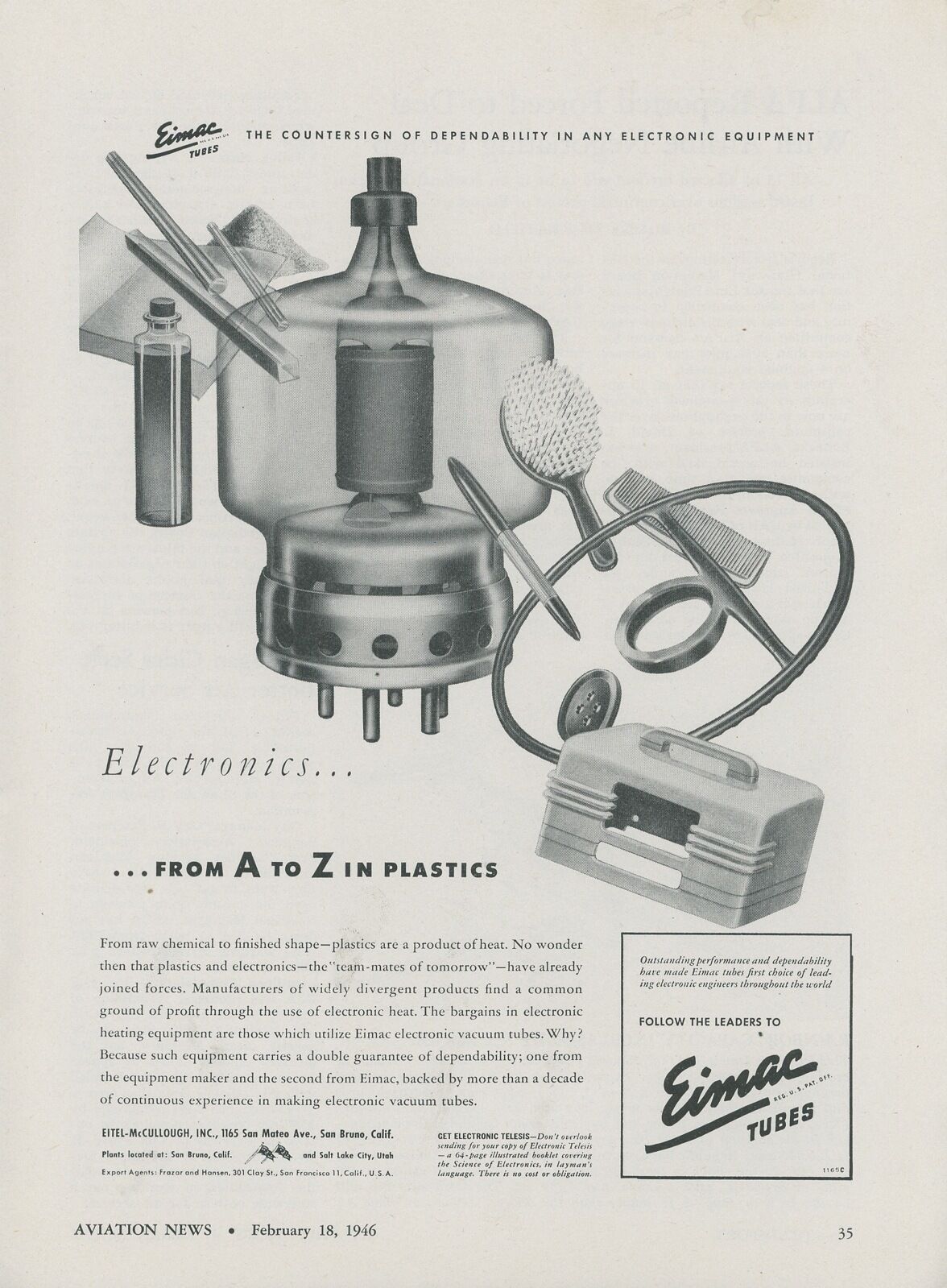 1946 Eimac Electronic Vacuum Tubes Ad Vintage Plastic