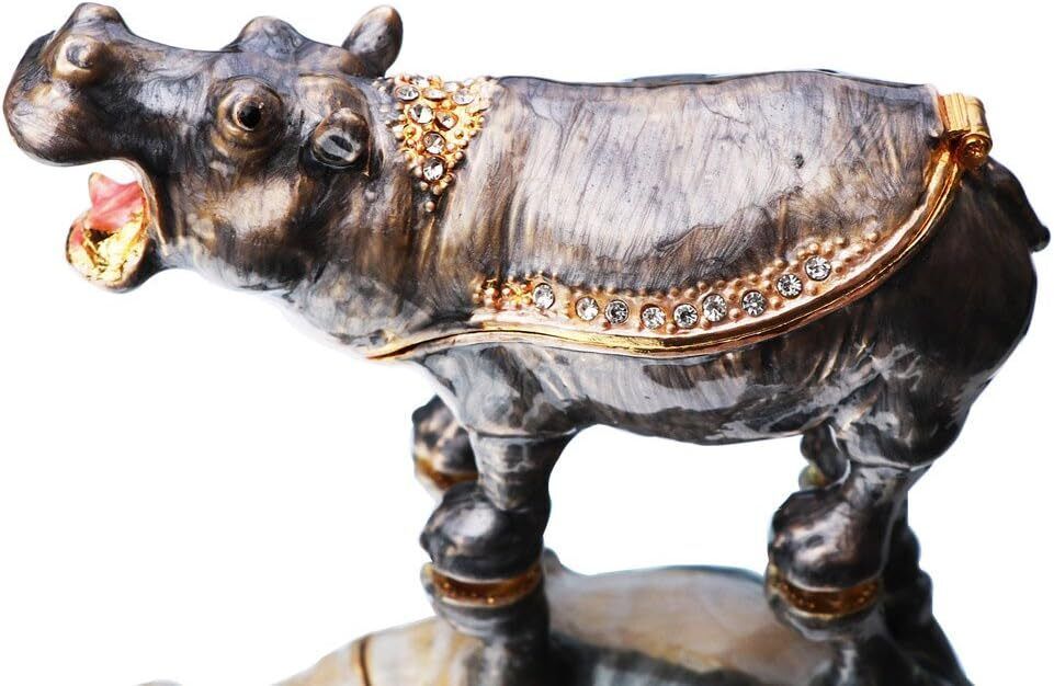 Bejeweled Enameled Animal Trinket Box/Figurine Hippo Hinged Hand-painted