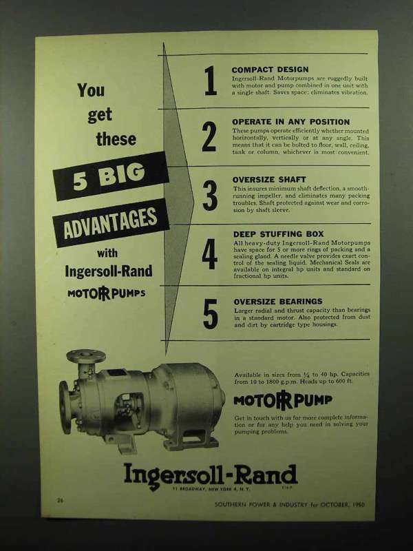 1950 Ingersoll-Rand Motorpumps Ad - 5 Big Advantages