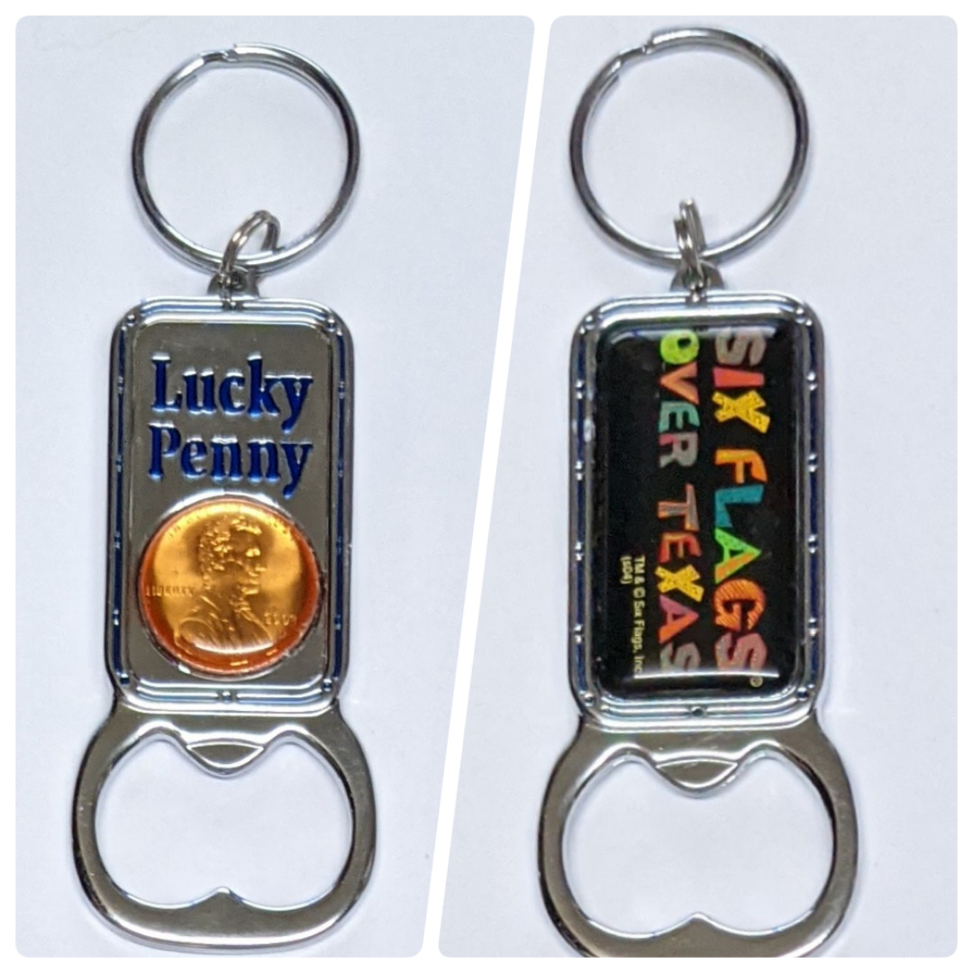 Six Flags Over Texas Lucky Penny Double Sided Keychain and Bottle Opener