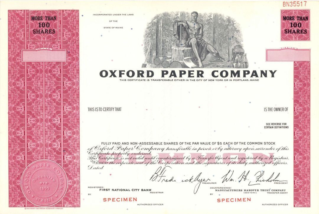 Oxford Paper Co. - 1899 Specimen Stock Certificate - Specimen Stocks & Bonds