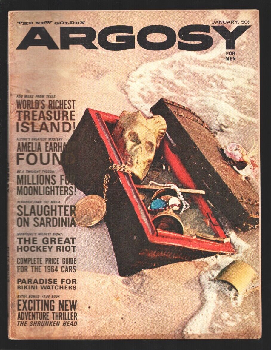 Argosy 1/1964-Popular-Skull cover-Amelia Earhart, shrunken head cheesecake-Pu...