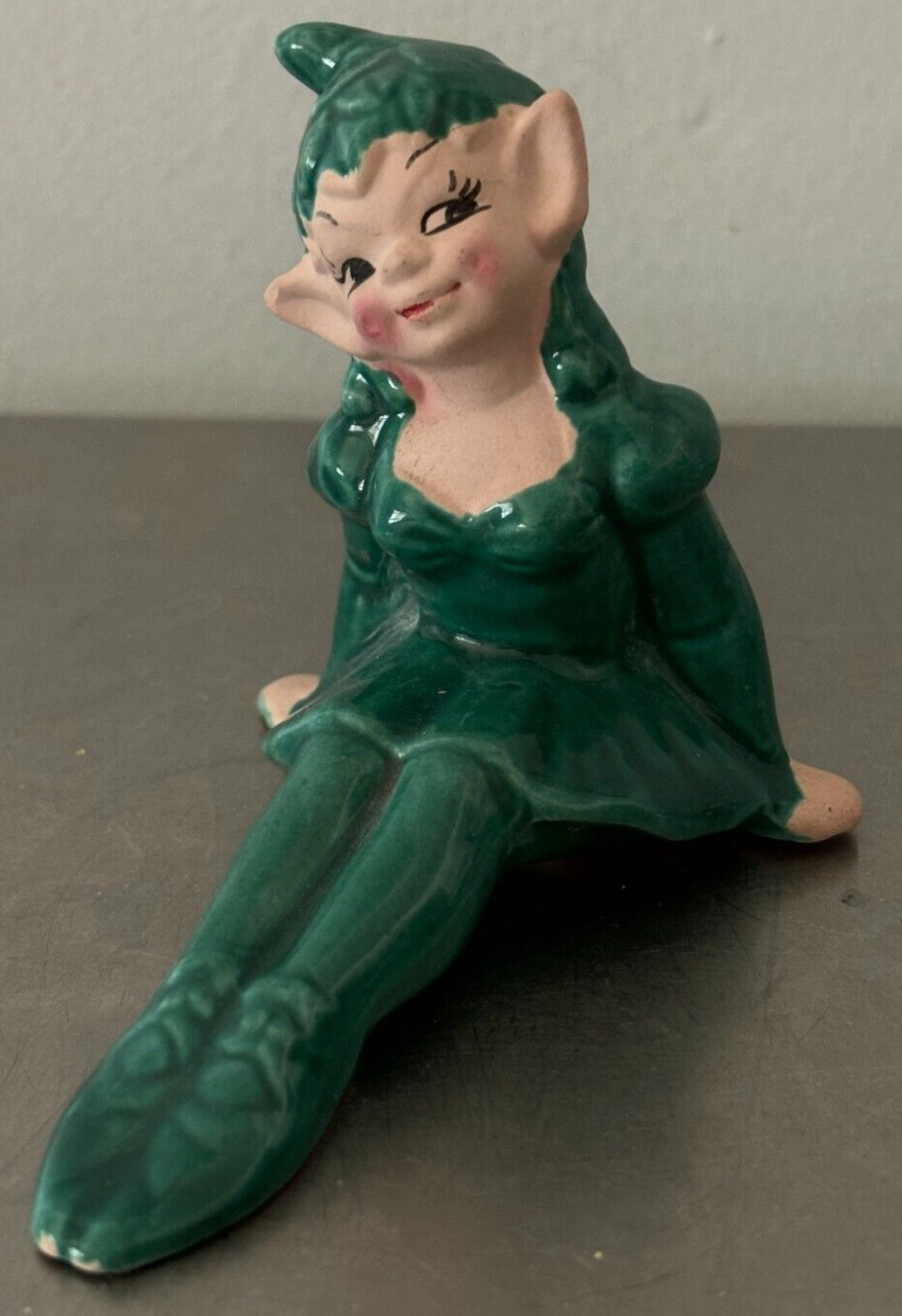 VNTG 50s era Gilner California Christmas Girl Elf Pixie Figurine Deep Green