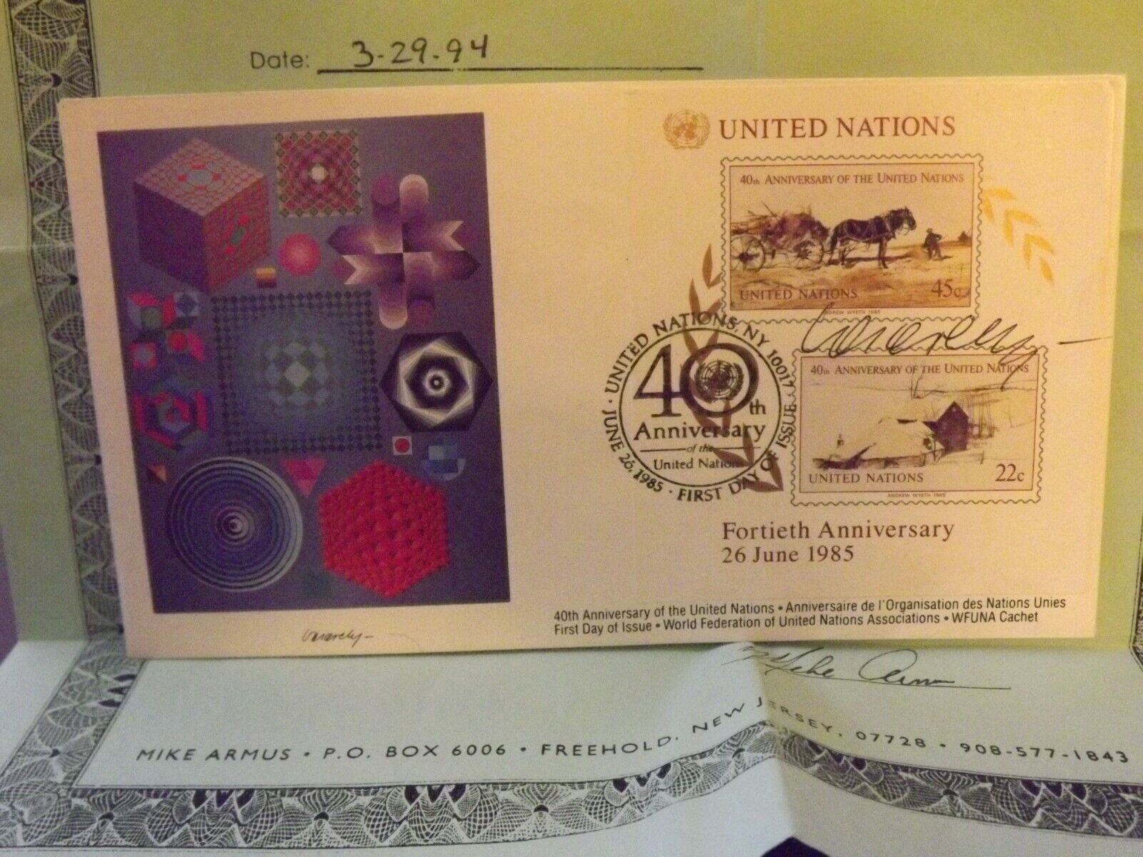WFUNA   1985  40TH ANNIVERSARY CACHET  HAND SIGNED VICTOR VASARELY  w/COA