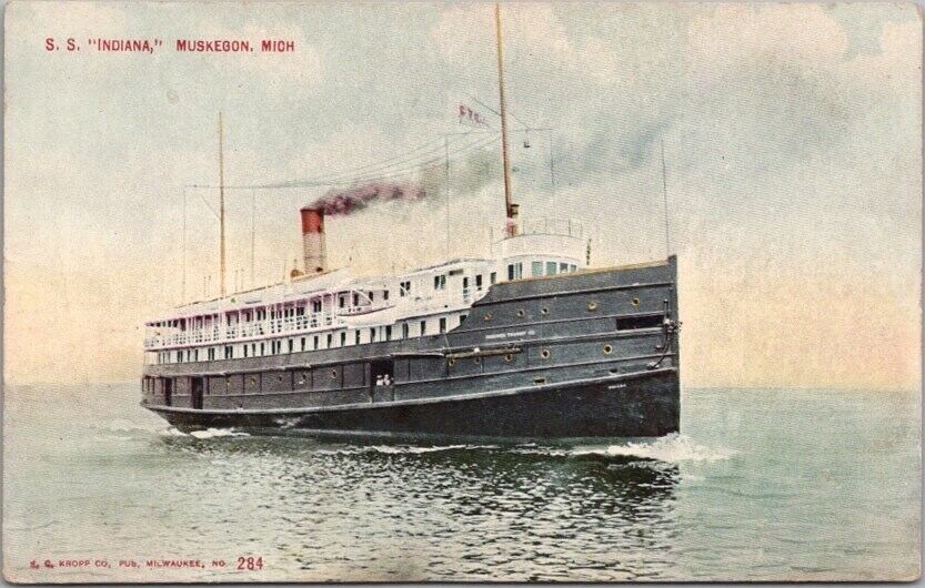 c1910s MUSKEGON, Michigan Great Lakes Ship Postcard Steamer S.S. INDIANA Unused
