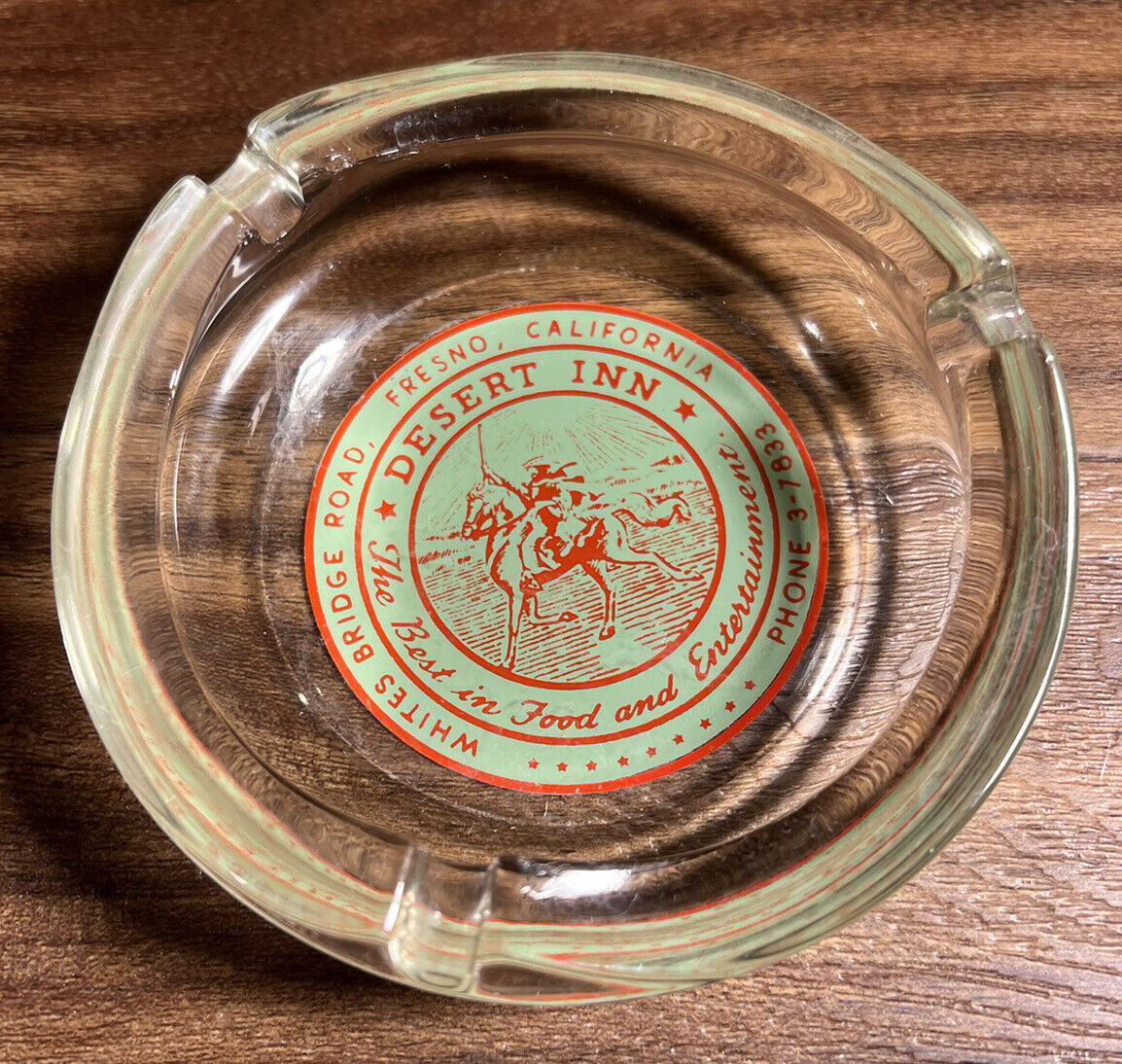 Vintage 1940-50s Desert Inn Fresno California Collectible Glass Ashtray - RARE