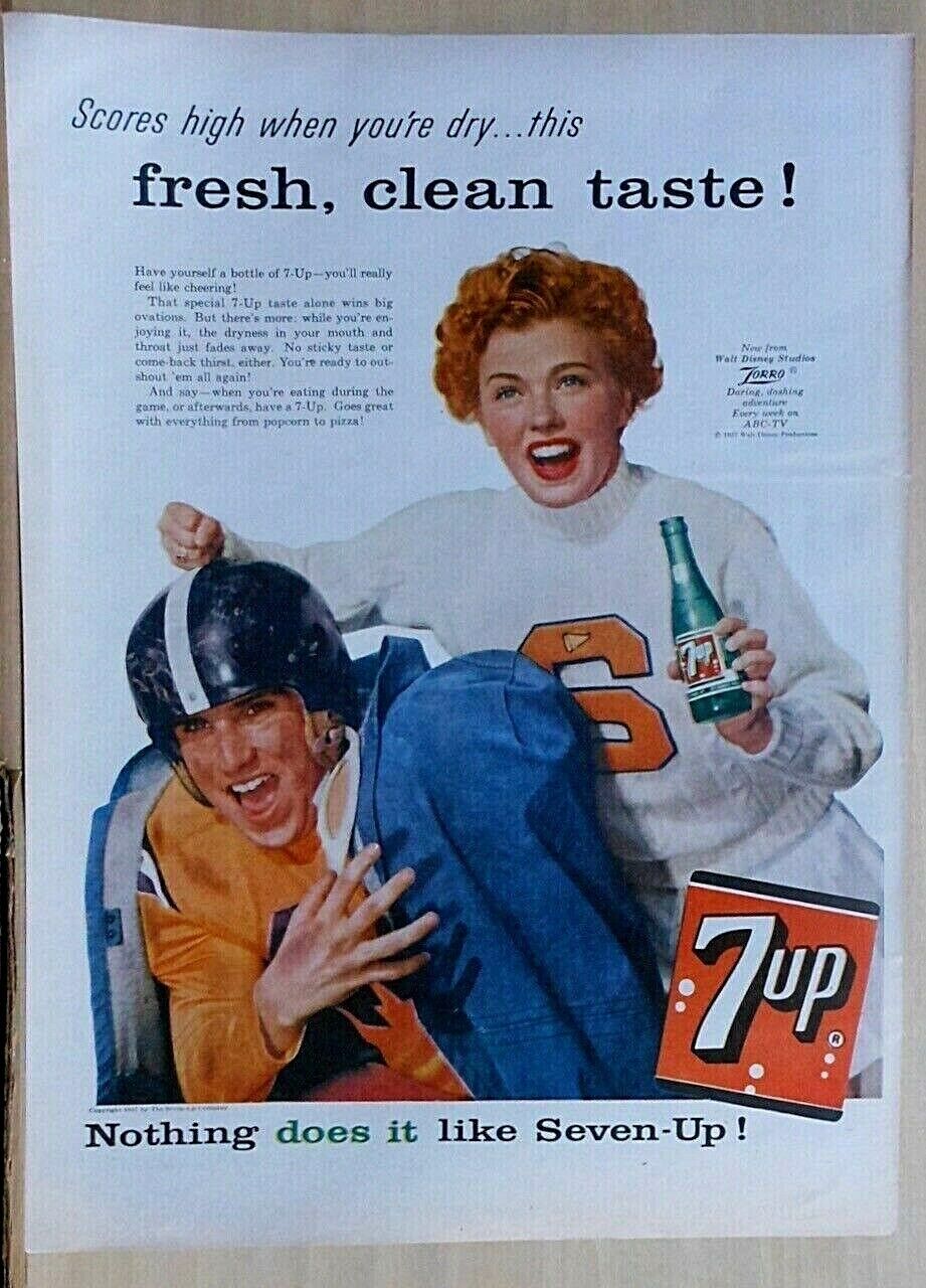 1957 magazine ad for Seven Up, 7Up soda - football player, cheerleader, Score