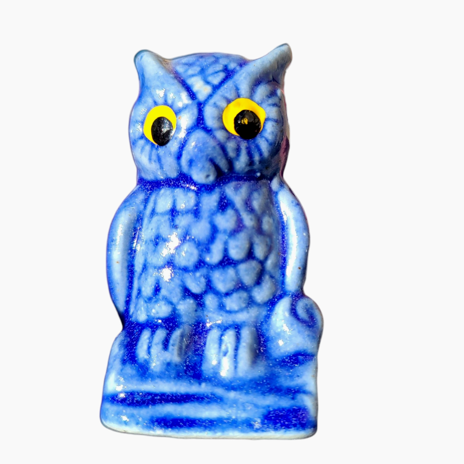 Vintage Ceramic BLUE OWL w/ Yellow Eyes Figurine Korea NANCO