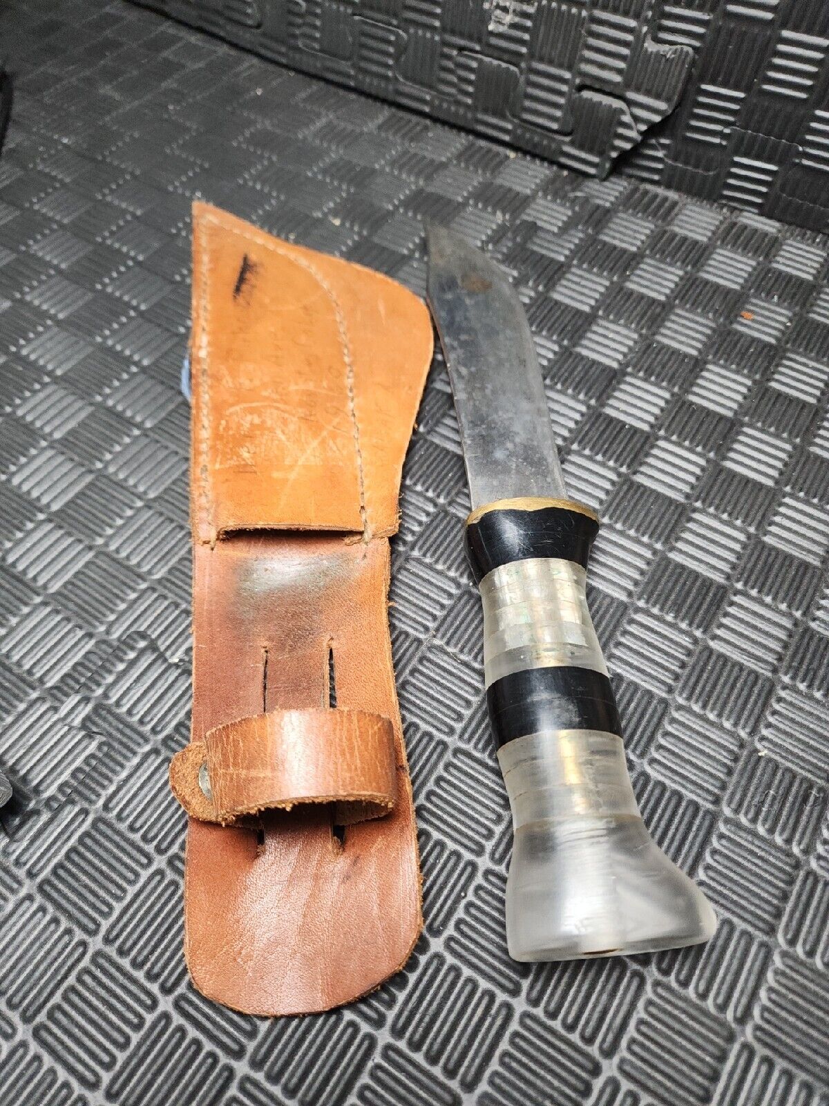 Vintage Theatre Knife custom lucite handle w leather sheath Date 1950