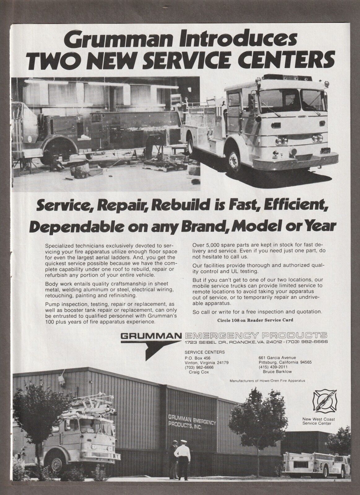 1982 GRUMMAN EMERGENCY Products Magazine AD ~ PITTSBURG, CA. Service Center