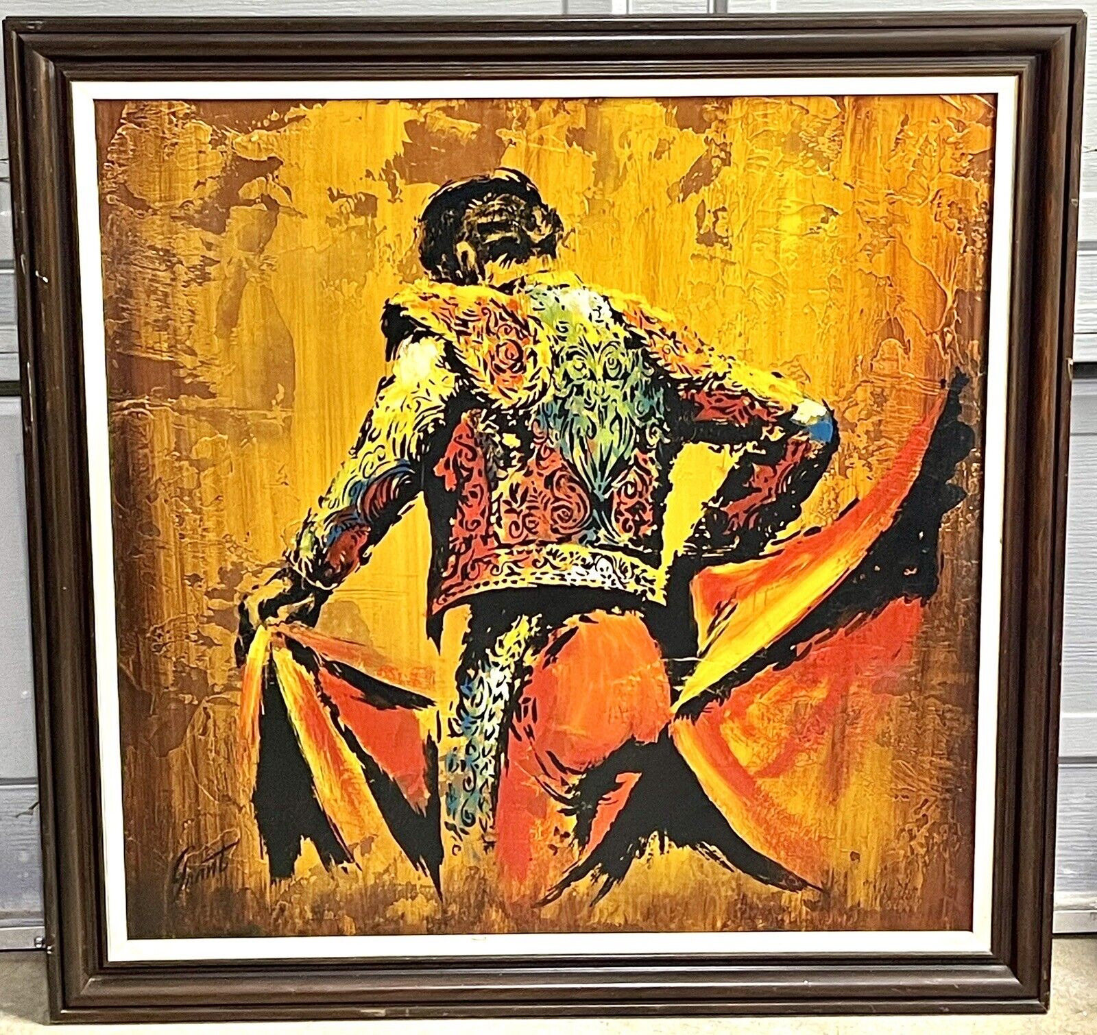 Large Spanish Matador Abstract Painting On Board Beautiful Wood Framed Signed