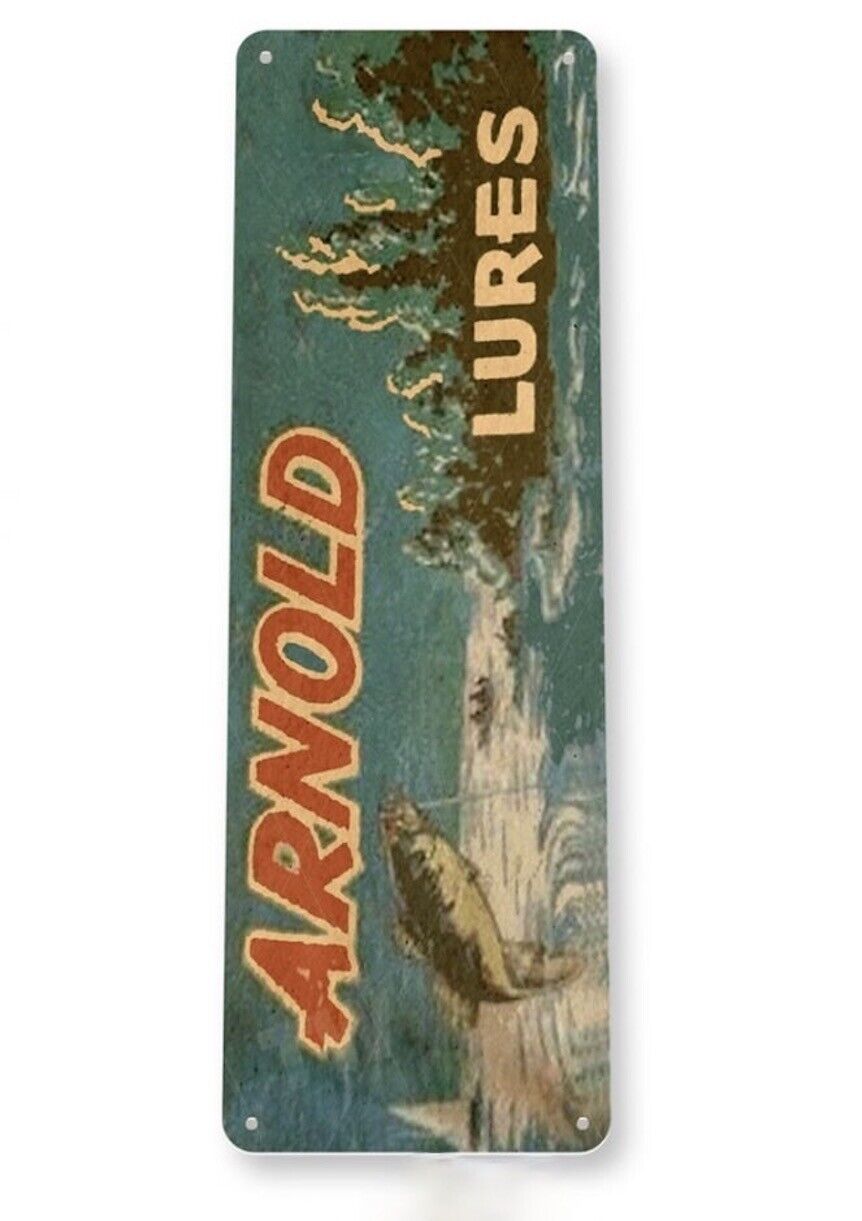 ARNOLD LURES 6x18 INCH TIN SIGN FINE FISHING TACKLE CATCH FISH LURE BASS CRAPPIE