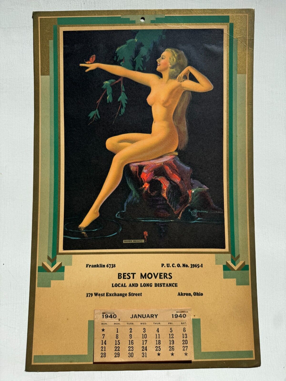 1940 Advertising Pinup Girl Calendar by KO Munson- Sheer Beauty- Nude