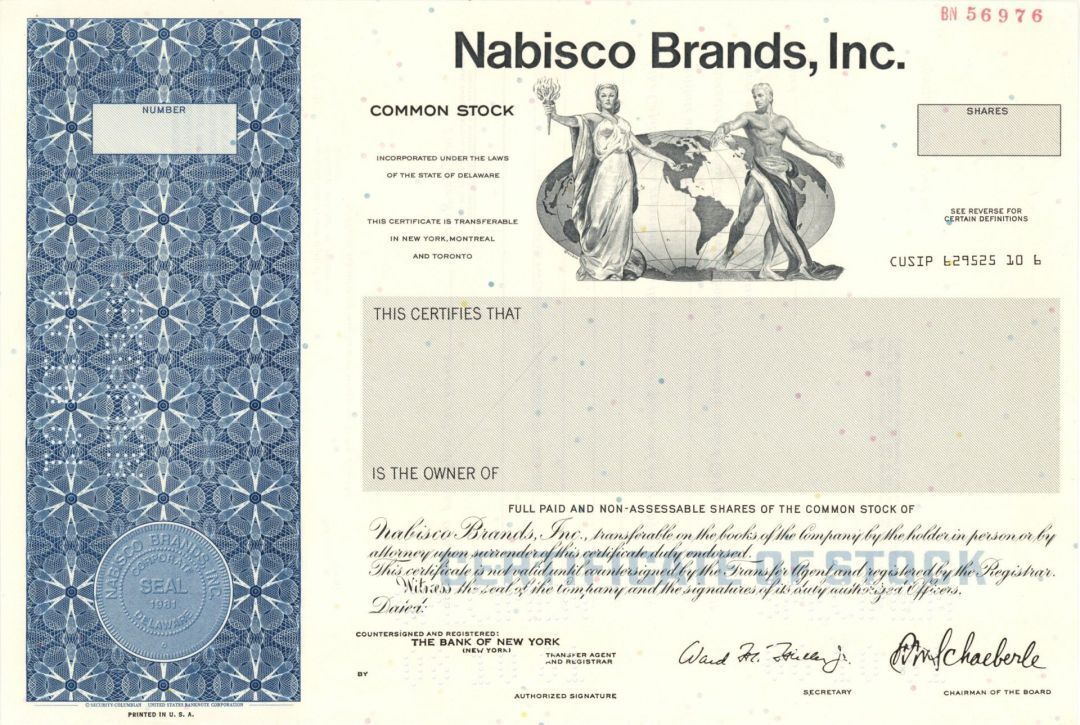Nabisco Brands, Inc. - 1981 Specimen Stock Certificate - Specimen Stocks & Bonds