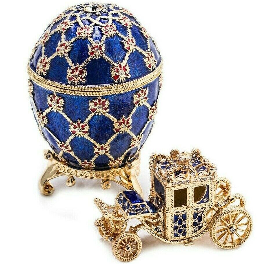 Russian Faberge Egg Replica Jewelry Box Easter Coronation Carriage Blue Фаберже