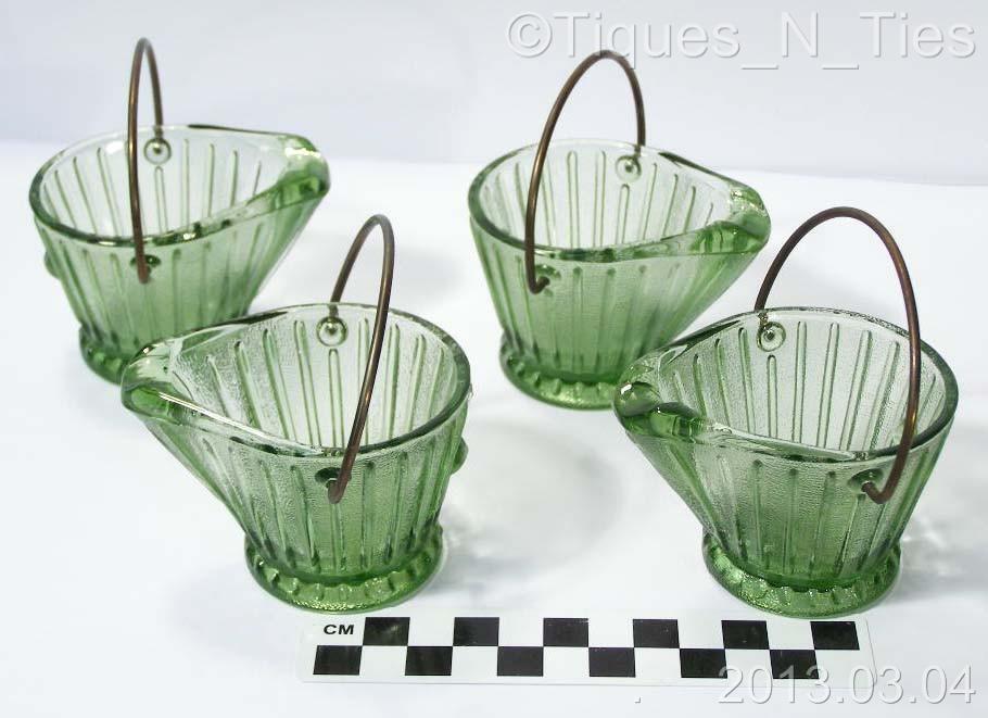 Set 4 Vintage Depression Glass Style Green Small Coal Bucket Shaped Ashtrays (FF