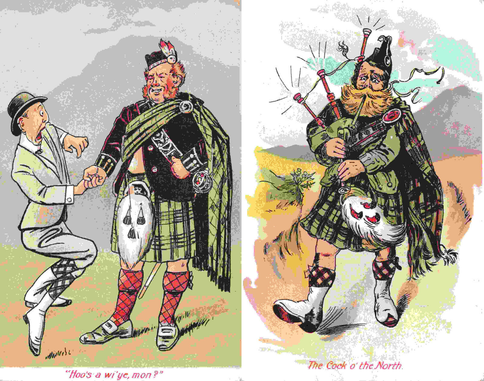 LOT OF 2 VINTAGE COMIC POSTCARDS SCOTSMEN HANDSHAKE AND COCK O' THE NORTH 022822