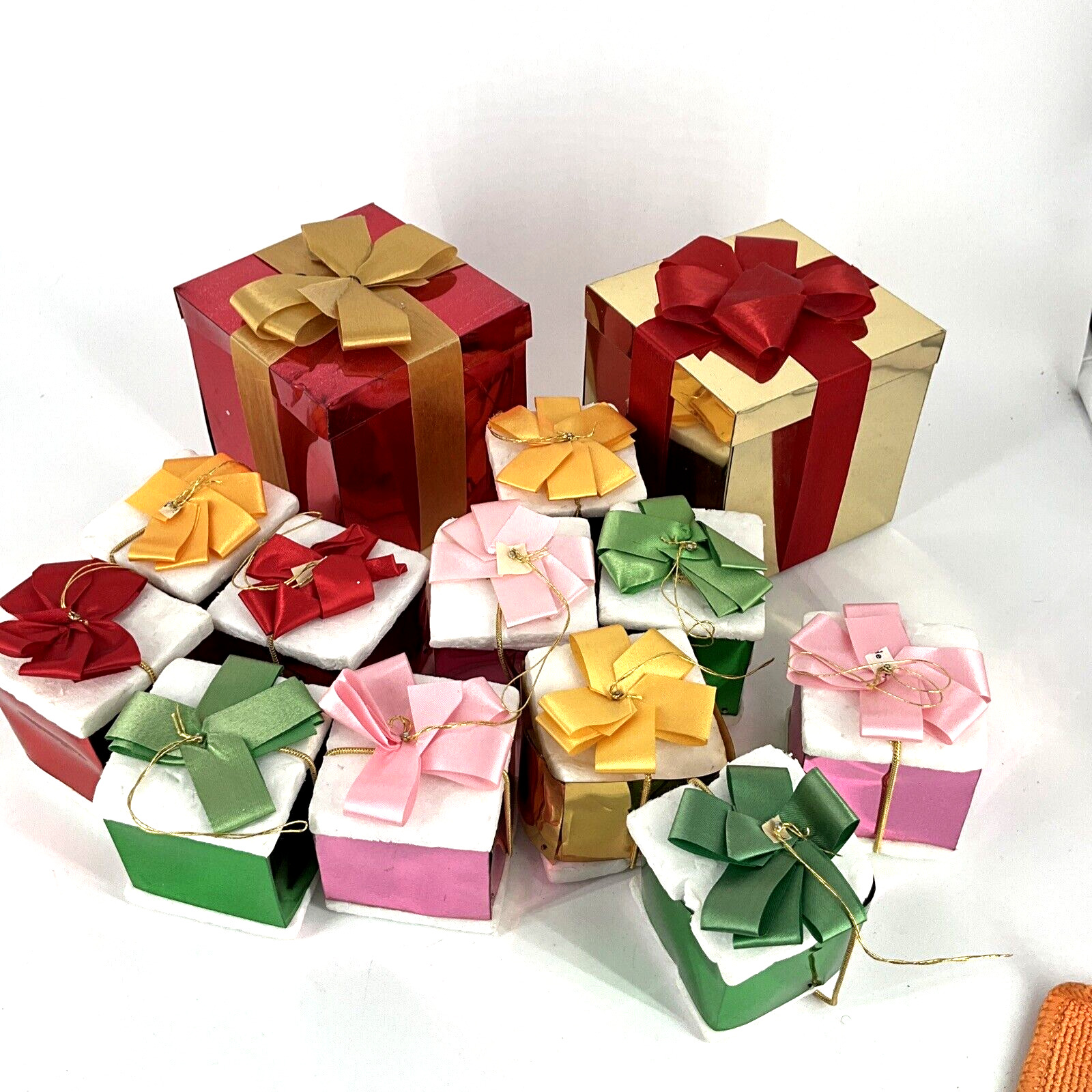 13 Vintage Styrofoam Foil Gift Box wrapped Presents Christmas Ornaments JAPAN