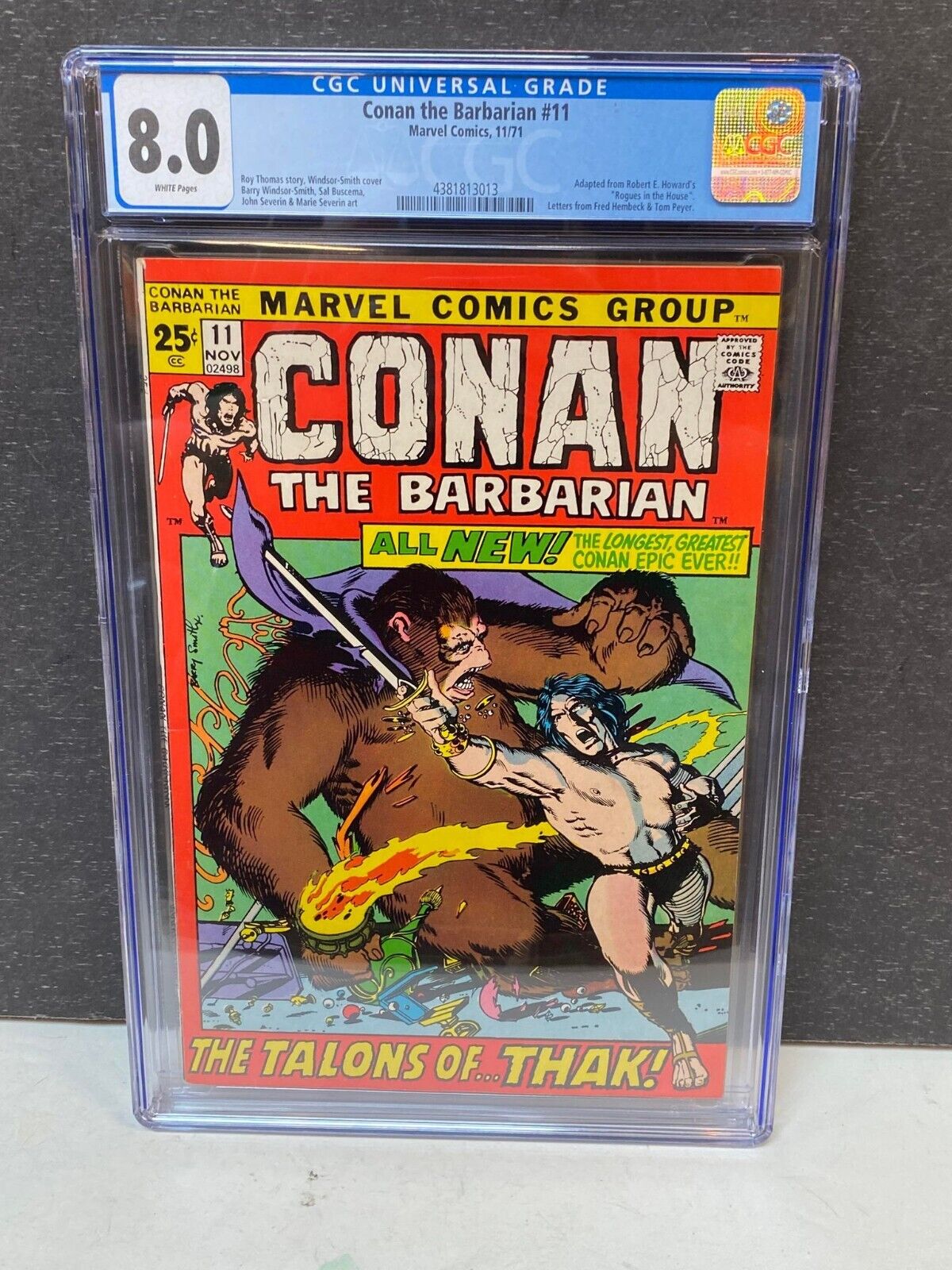 Conan the Barbarian #11 CGC 8.0 WHITE PGs Barry Windsor Smith Marvel 1971