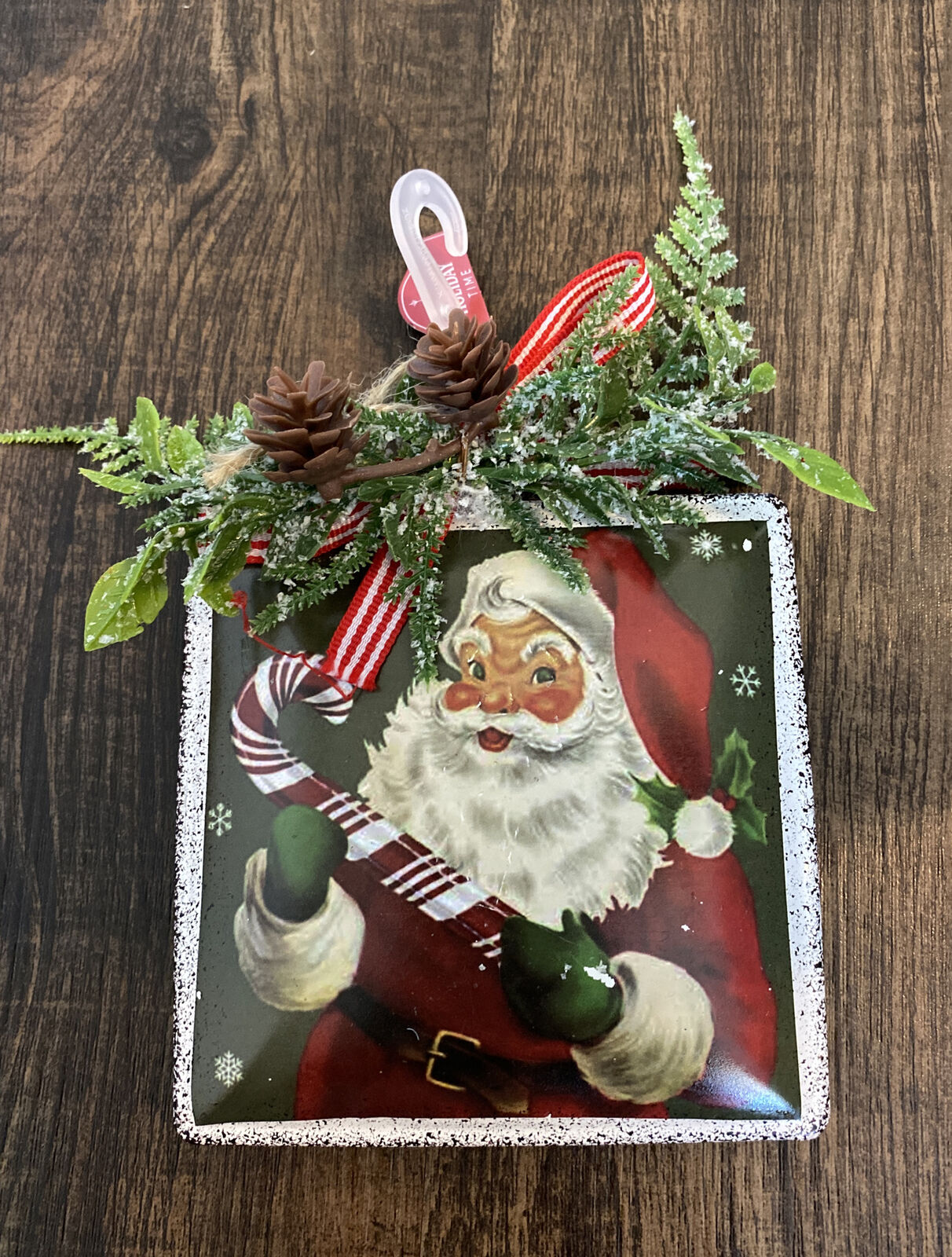 Santa Claus Christmas Ornament Metal Galvanized Steel Square 5in With Greenery