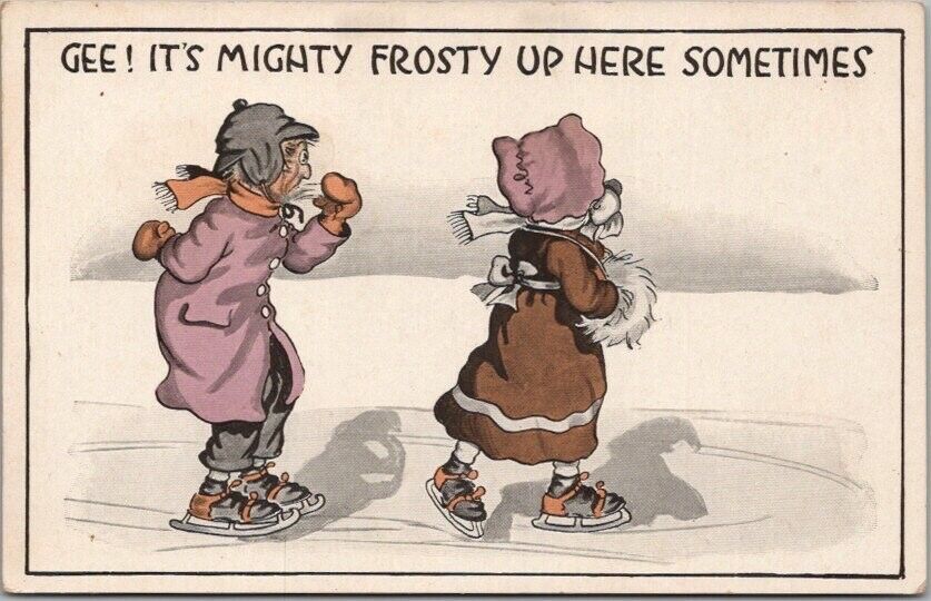 1910s ICE SKATING Comic Greetings Postcard Gee It\'s Mighty Frosty Up Here UNUSED