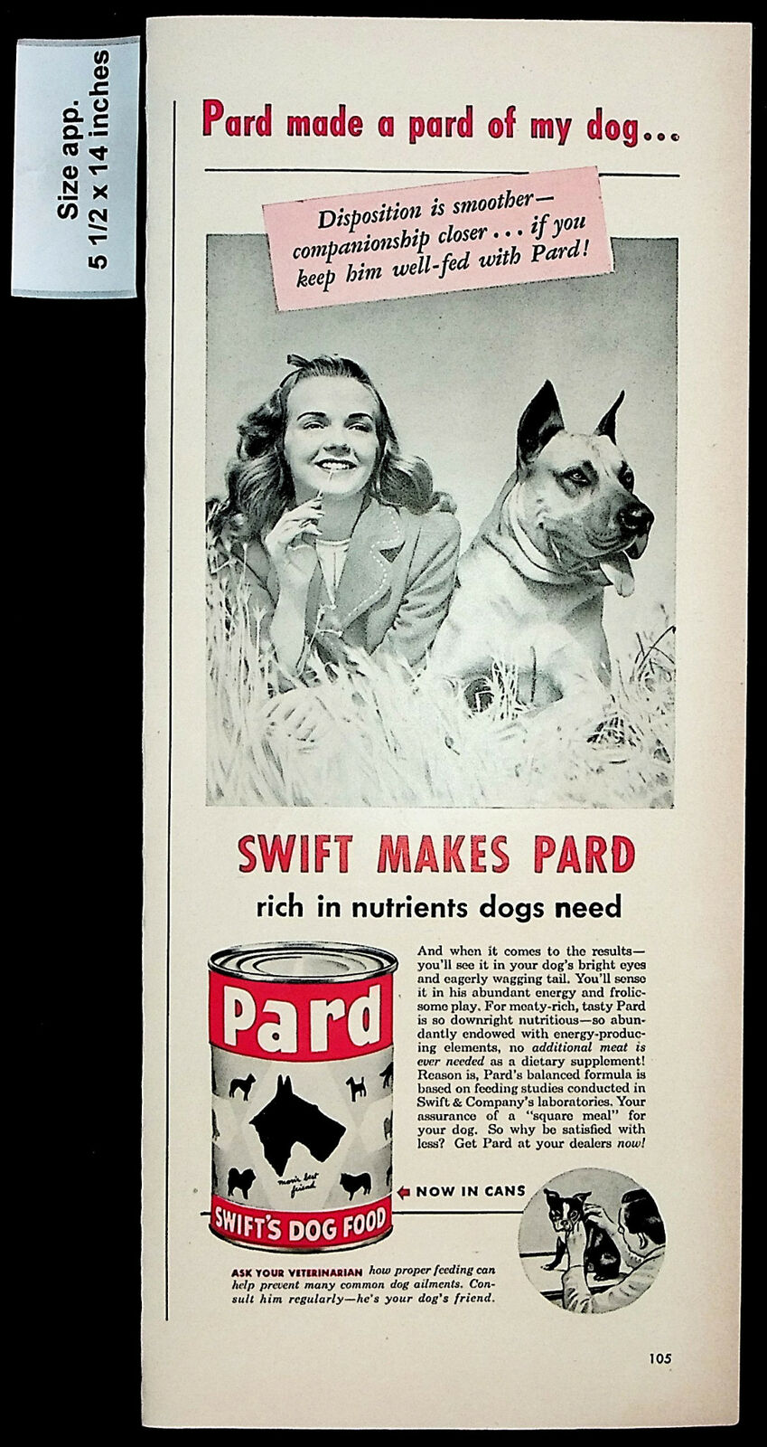 1947 Pard Swift\'s Dog Food Puppy Meal Nutrients Vintage Print Ad 28658