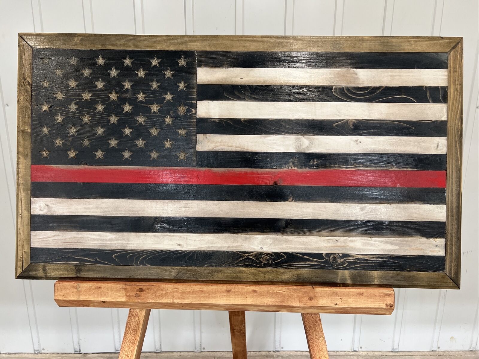 Hand Crafted, Wood, Firefighter Thin Red Line American Flag