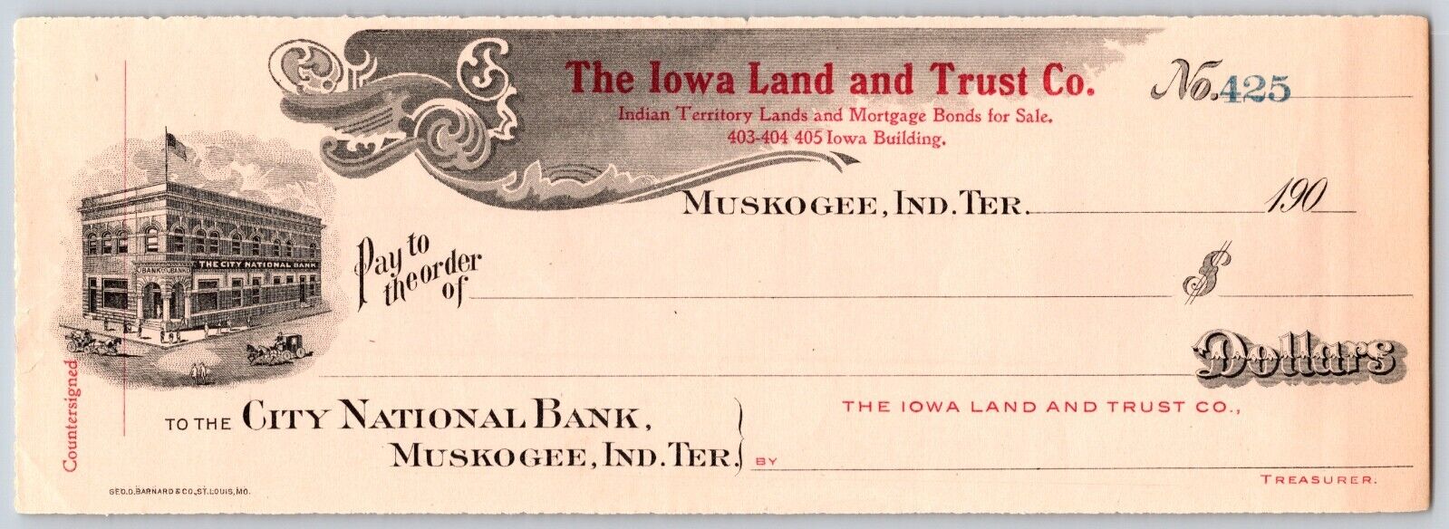 Muskogee, OK Indian Territory c1907 Iowa Land & Trust Co. Bank Check Scarce