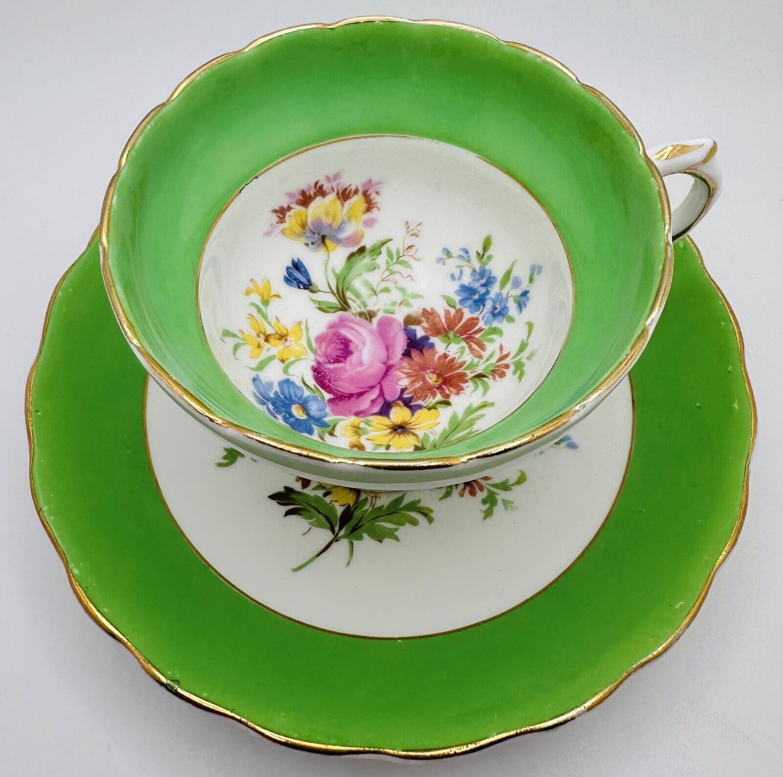 Vintage Rosina England Cup & Saucer Footed Green Rose Floral Bouquet Teacup