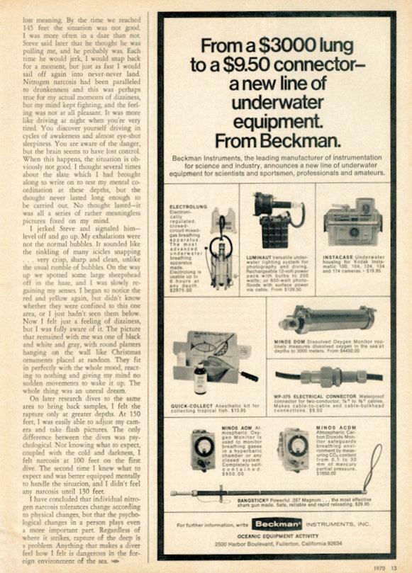 1970 Beckman Instruments PRINT AD Scuba Diver Underwater Equipment Electrolung