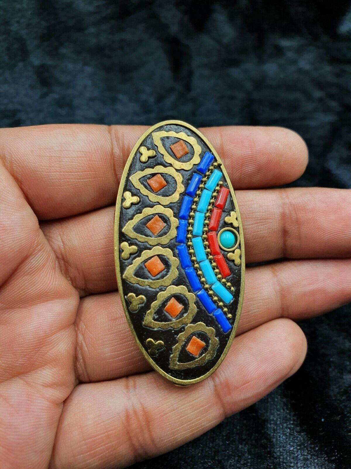 Tibetan Nepalese Brass Handmade Bead With Turquoise Coral And Lapis Lazuli Stone